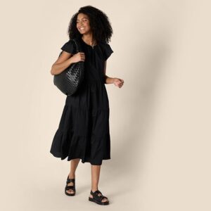 Amazon Essentials Women's Relaxed-Fit Cotton Sateen Crewneck Tiered Midi Dress - betrendyfashion.com