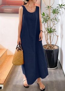 chouyatou Women's Summer Casual Sleeveless Cotton Sun Dress Maxi Tunic with Pocket - betrendyfashion.com