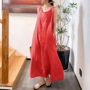 chouyatou Women's Summer Casual Sleeveless Cotton Sun Dress Maxi Tunic with Pocket - betrendyfashion.com